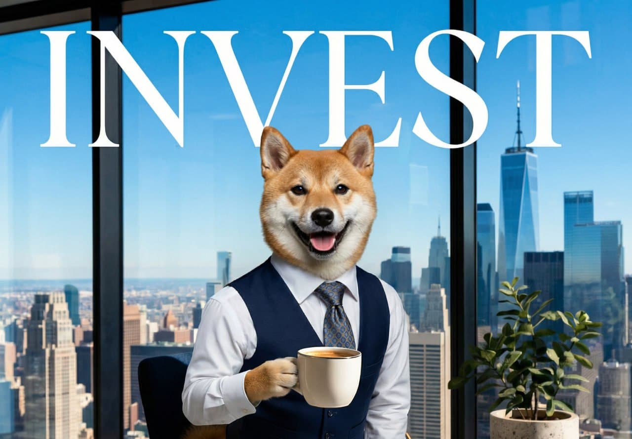 Suit-wearing Doge in an office with skyline and INVEST title